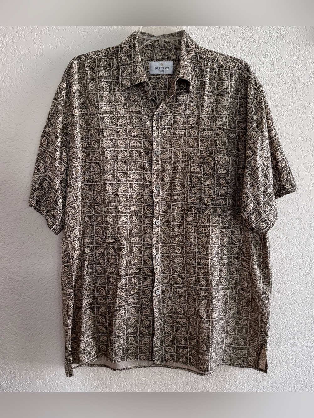 Bill Blass 100% Silk Green Shirt Leaves Botanical Earthy Resort Vacation XL